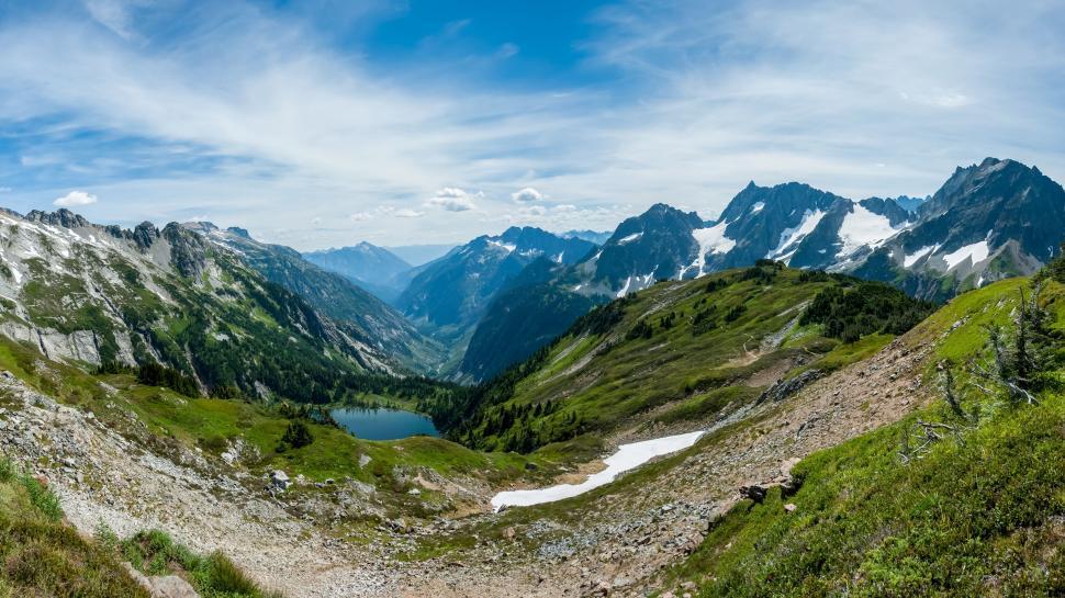 Free Image of Panoramic view of a serene mountain lake landscape. 