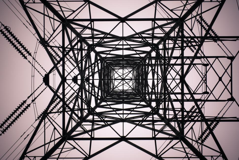 Free Stock Photo of View from below a towering geometric electric pylon ...