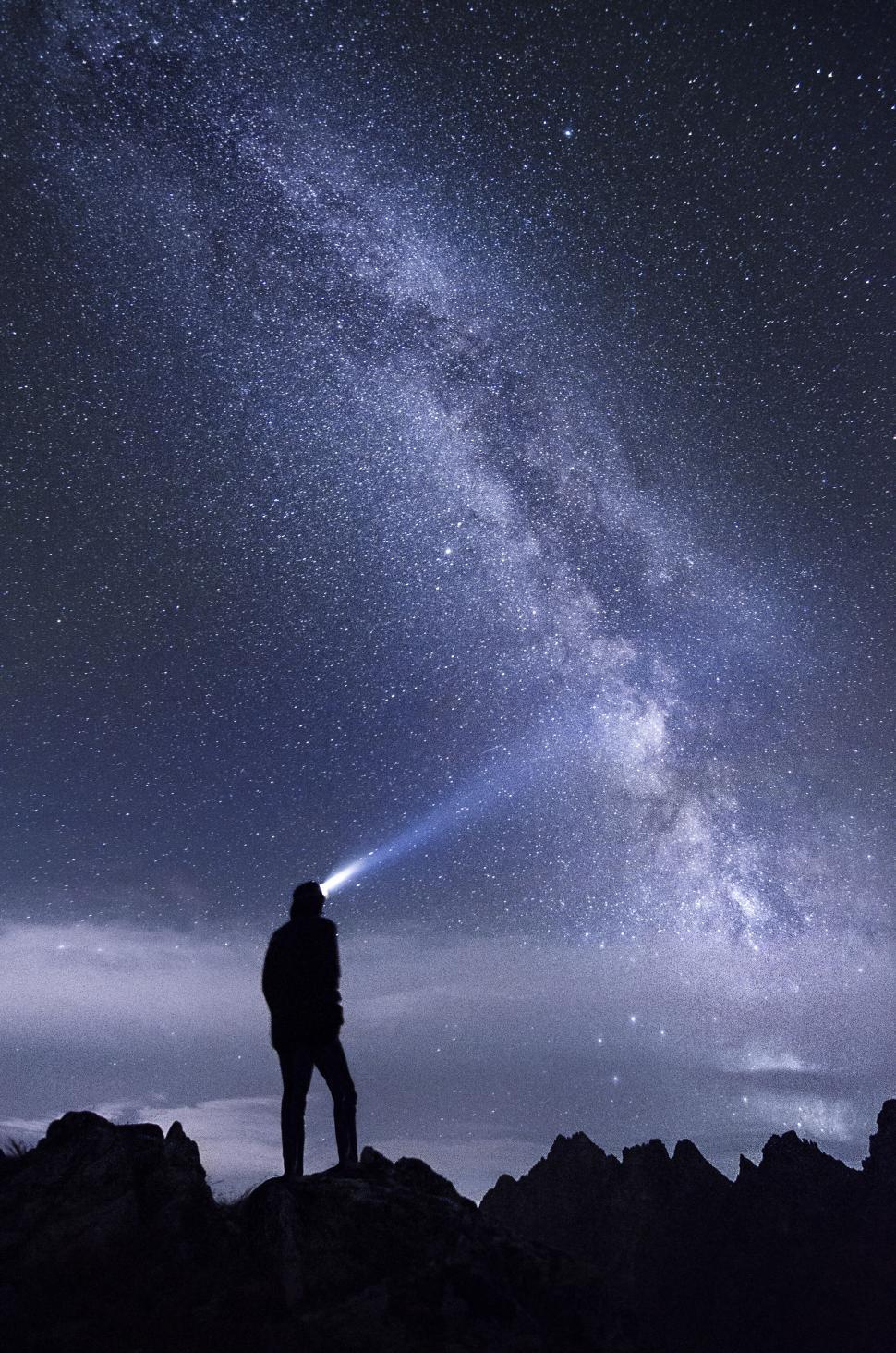 Free Image of Person with flashlight under the Milky Way at night 