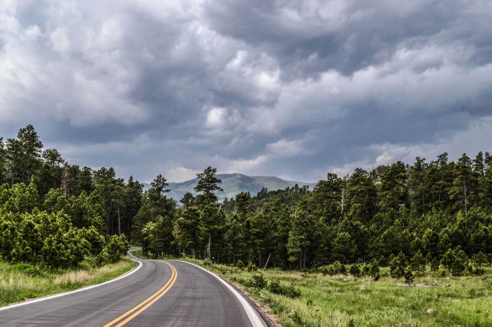 Free Image of Winding road through lush forested landscape under cloudy sky 