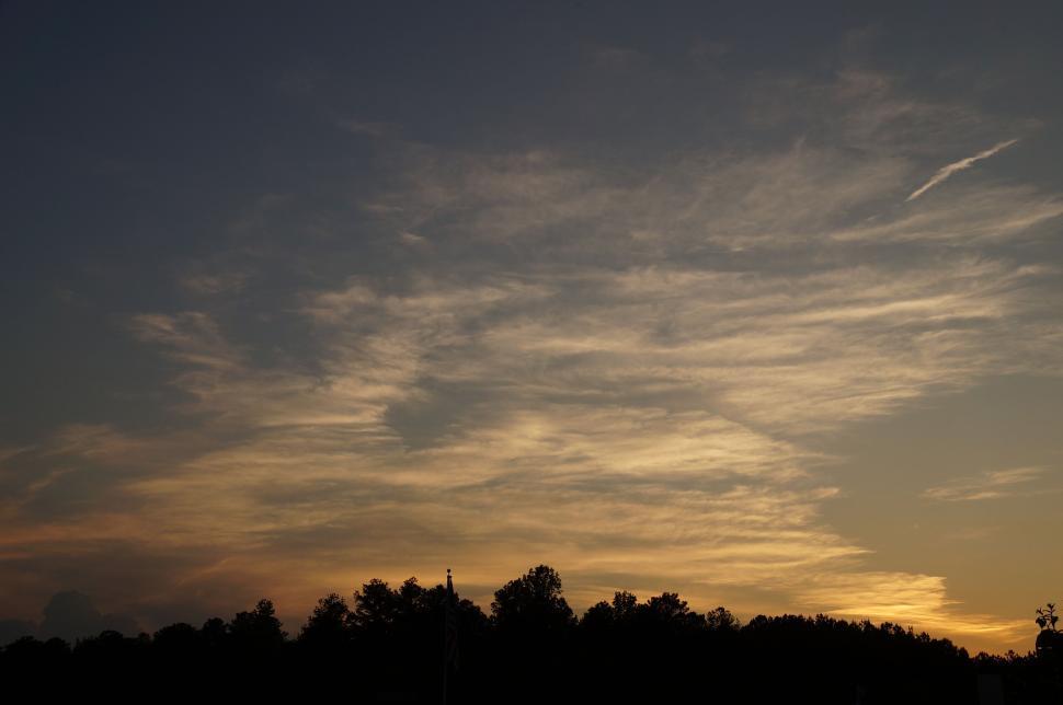 Free Image of Sunset with wispy clouds over treed horizon line 