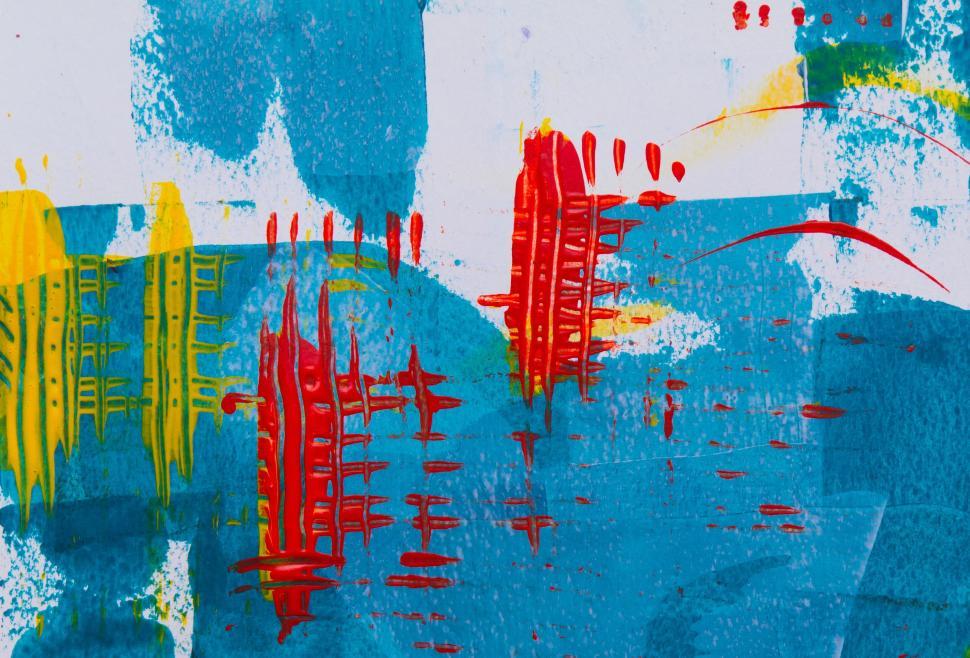 Free Image of Cool-toned abstract painting with red and yellow streaks. 
