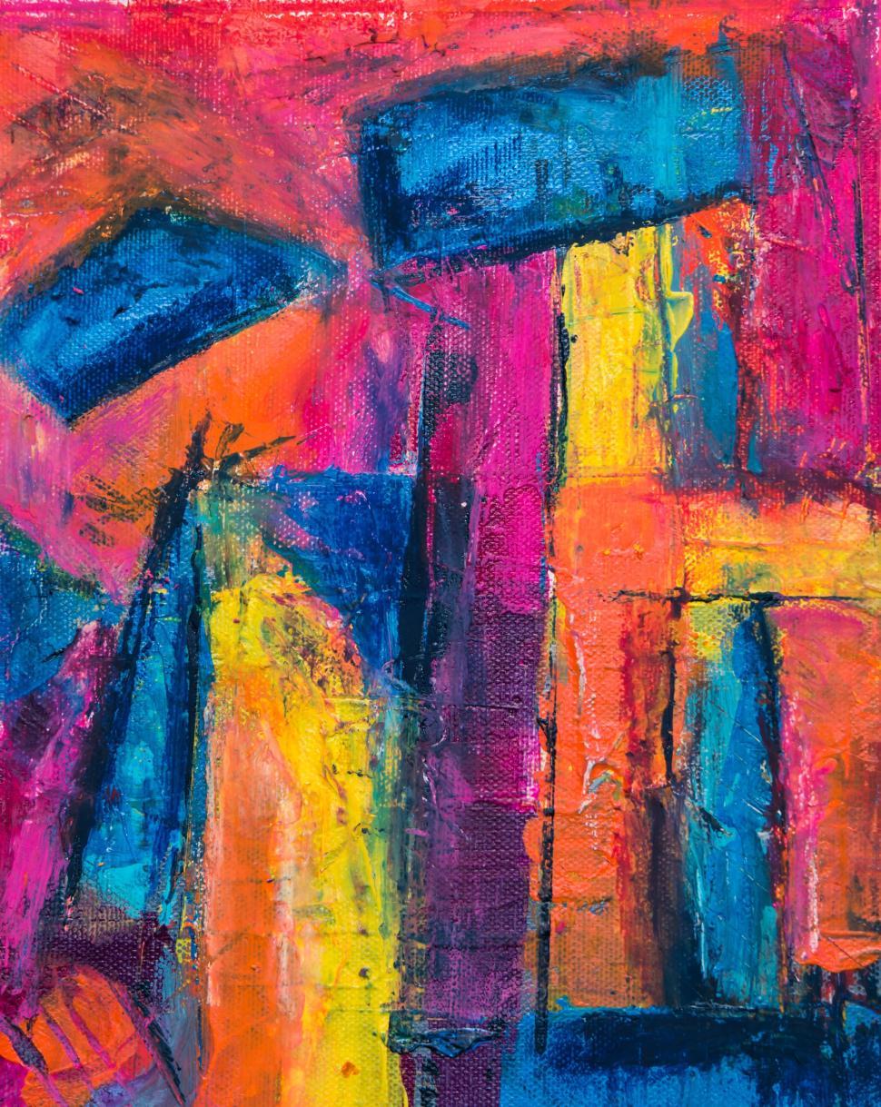 Free Image of Vivid abstract painting with geometric shapes and colors. 