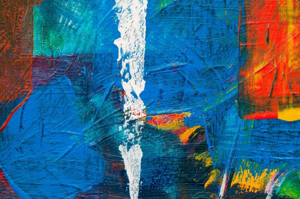 Free Image of Energetic abstract artwork in blue with red accents 