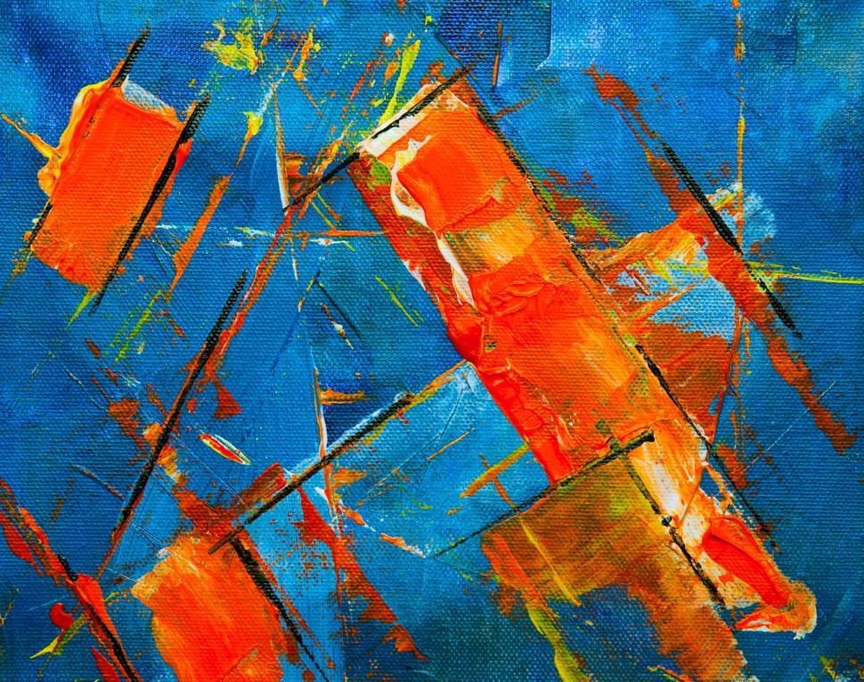 Free Image of Abstract painting with bold orange accents on blue 