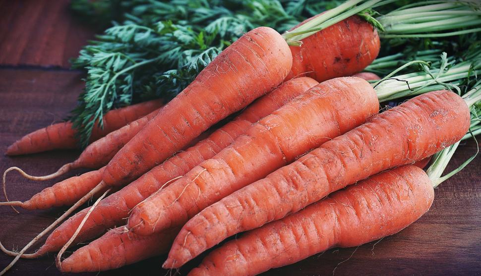 Free Image of Freshly harvested carrots laid out on a wooden table. 