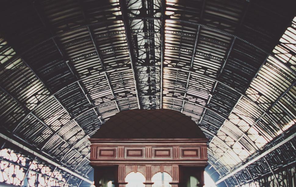 Free Image of Interior of a grand train station with arched ceiling 