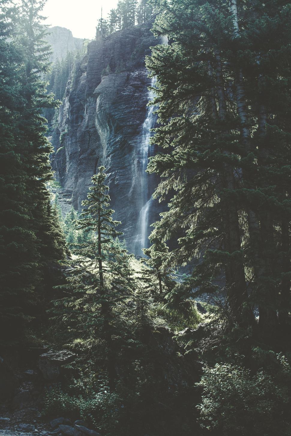 Free Image of Mountain waterfall cascading down rocky landscape amidst forest. 