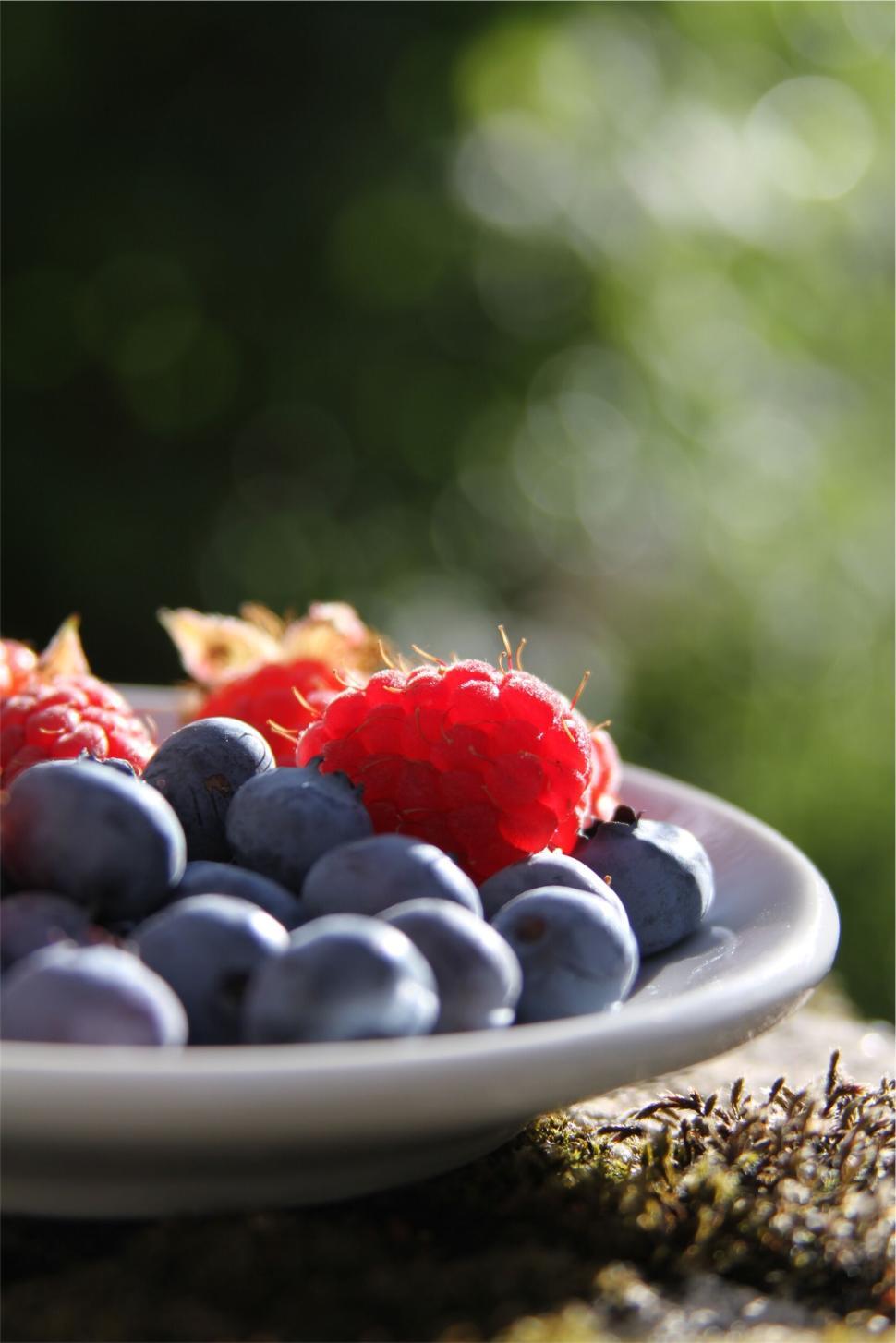 Free Image of Close-up of blueberries and raspberries on a plate. 