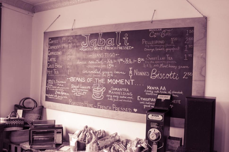 Free Image of Jabali coffee shop menu board with various drink options. 