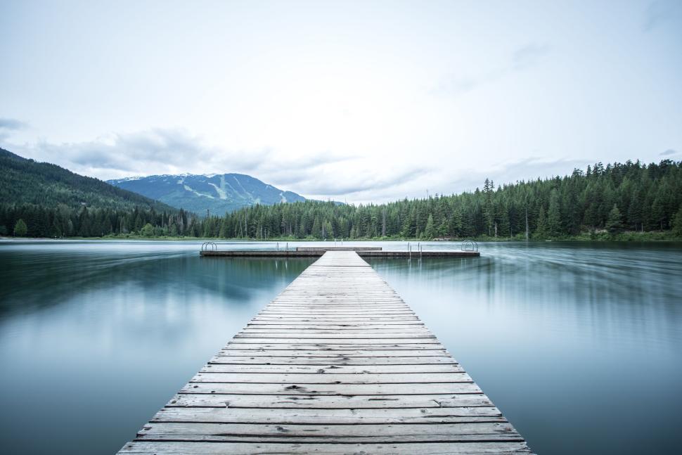 Free Image of Calm dock extending into serene freshwater lake 