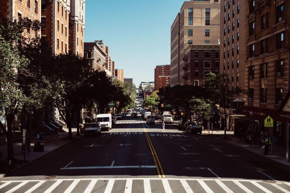 Free Image of City street view with buildings and trees in bright daylight 