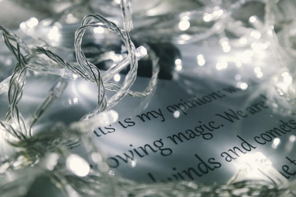 Free Image of Closeup of fairy lights on printed quote background 