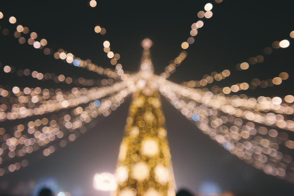 Free Image of Out-of-focus festive lights on a Christmas tree 