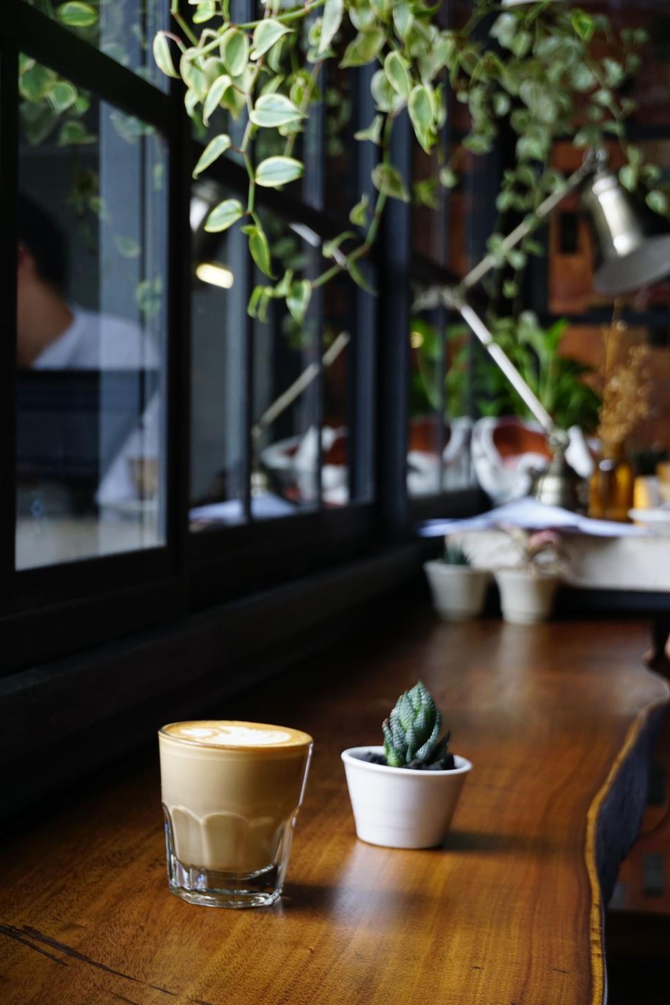 Free Image of Latte and succulent on wooden table by the window 