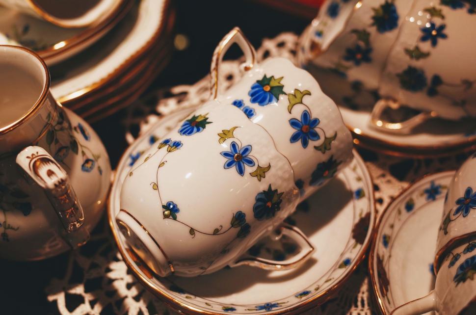 Free Image of Beautiful porcelain tea set with floral blue designs 