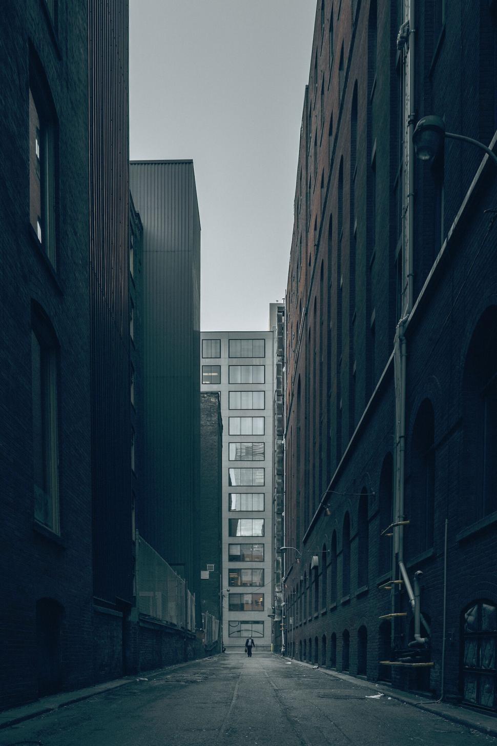 Free Image of Narrow street between tall buildings leading to end. 
