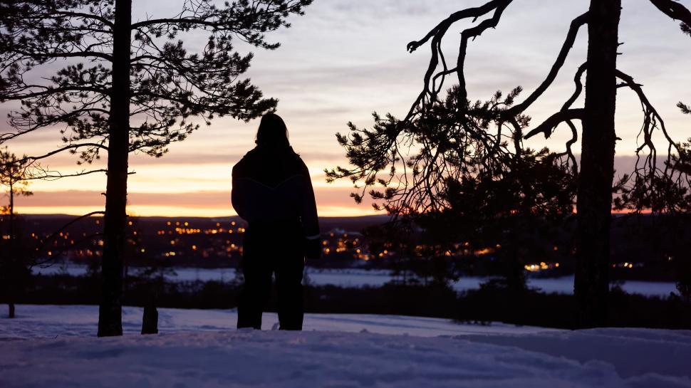 Free Image of Silhouette of person standing in snowy forest at sunset 