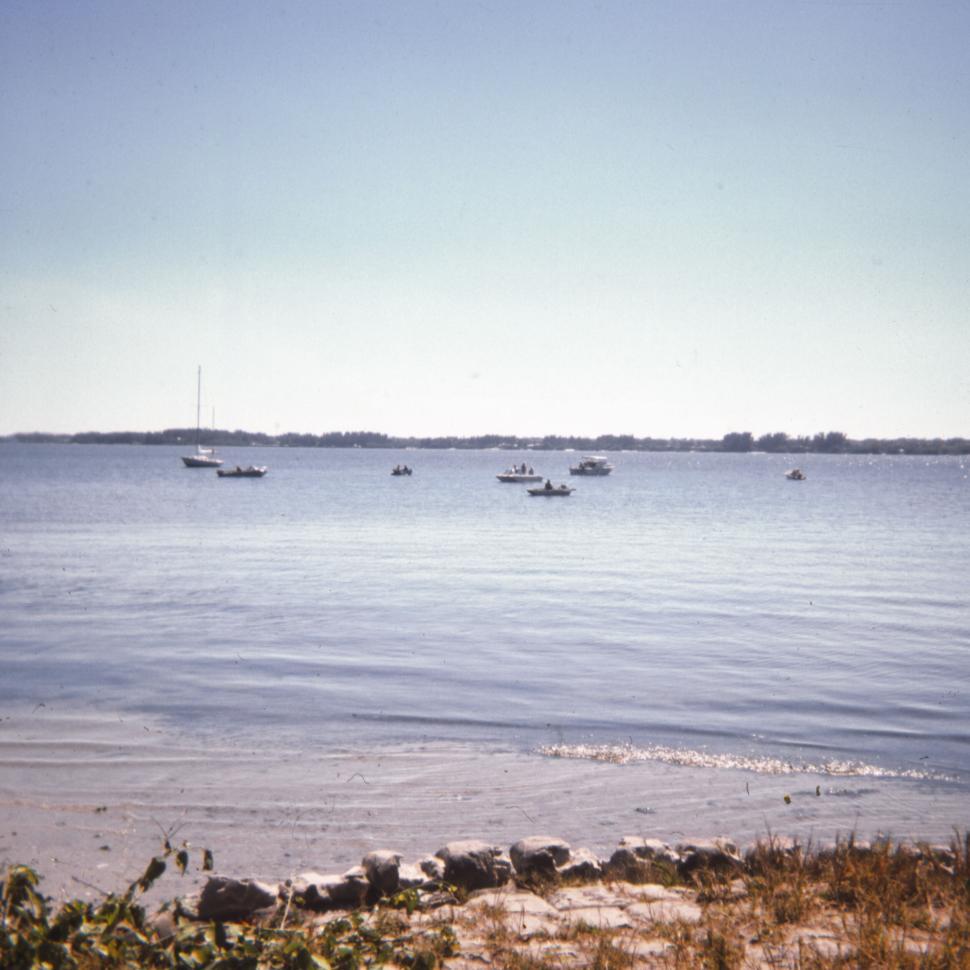 Free Image of Boats on calm water with distant shoreline and greenery. 