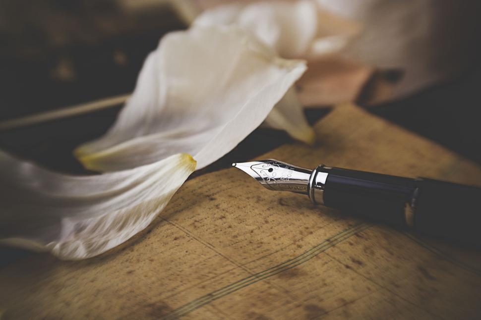 Free Image of Fountain pen and petals on textured wooden surface 