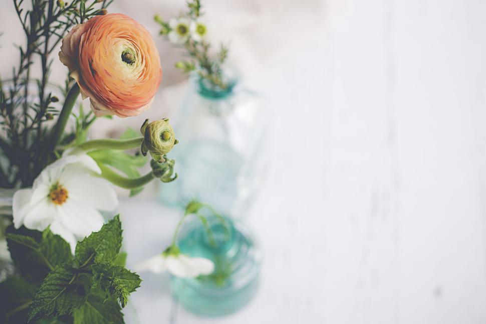 Free Image of Mixed flowers in blue glass vases displaying natural beauty 