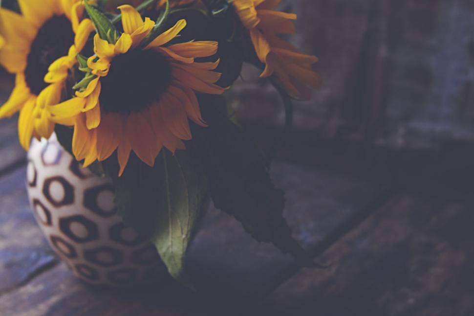 Free Image of Sunflower bouquet in patterned vase dark rustic table 