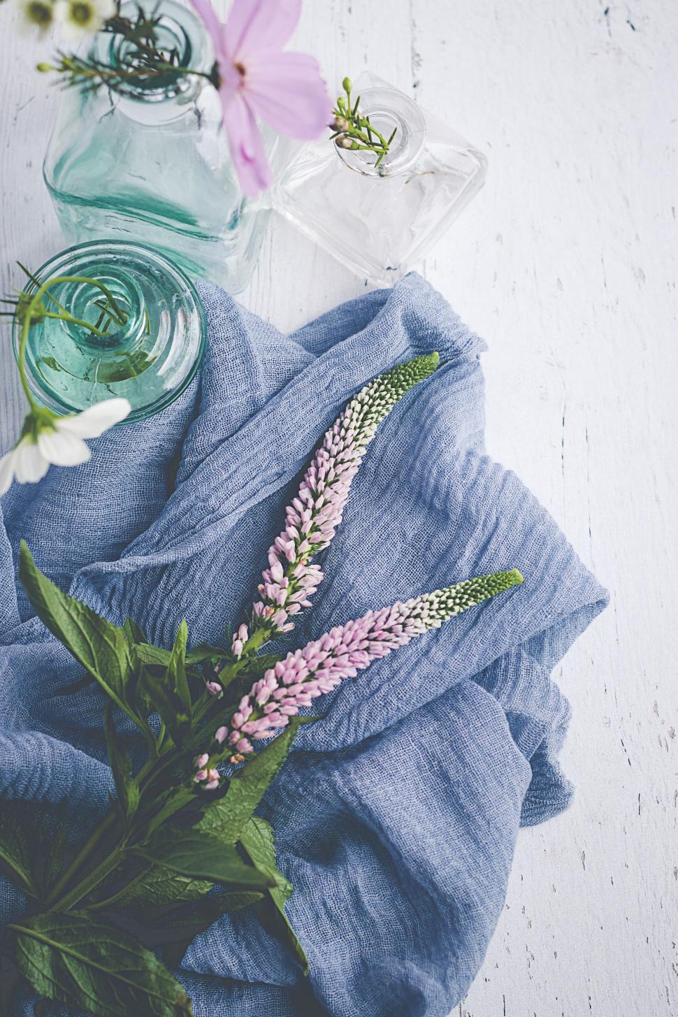 Free Image of Pink and white flowers with blue fabric and green leaves 