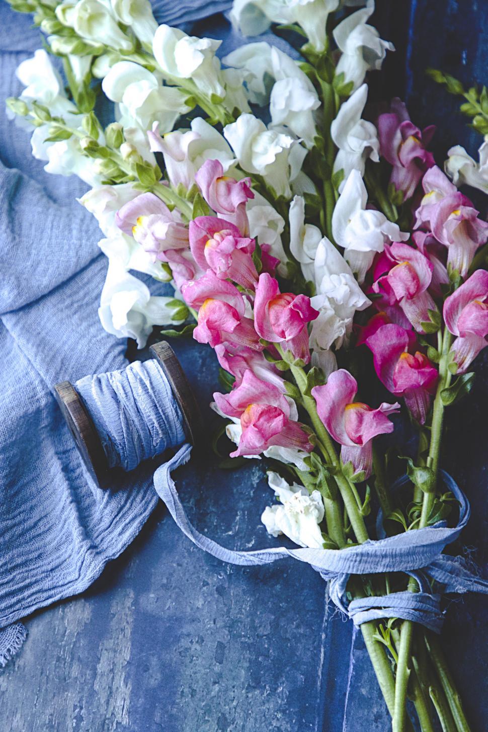Free Image of Fresh Blossoms with Blue Textile and Spool 