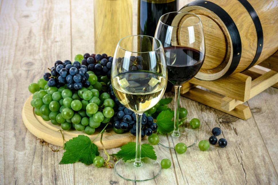 Free Image of Wine tasting setup with red and white wine and grapes 