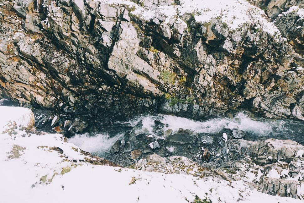 Free Image of Rocky Stream with Rushing Water in Snowy Setting 