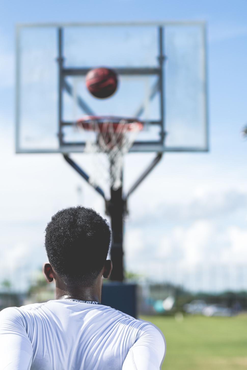 Free Image of Young man aiming a basketball towards the hoop 