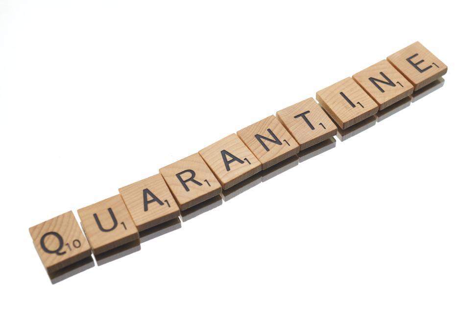 Free Image of Scrabble letters arranged to spell  Quarantine  on white 