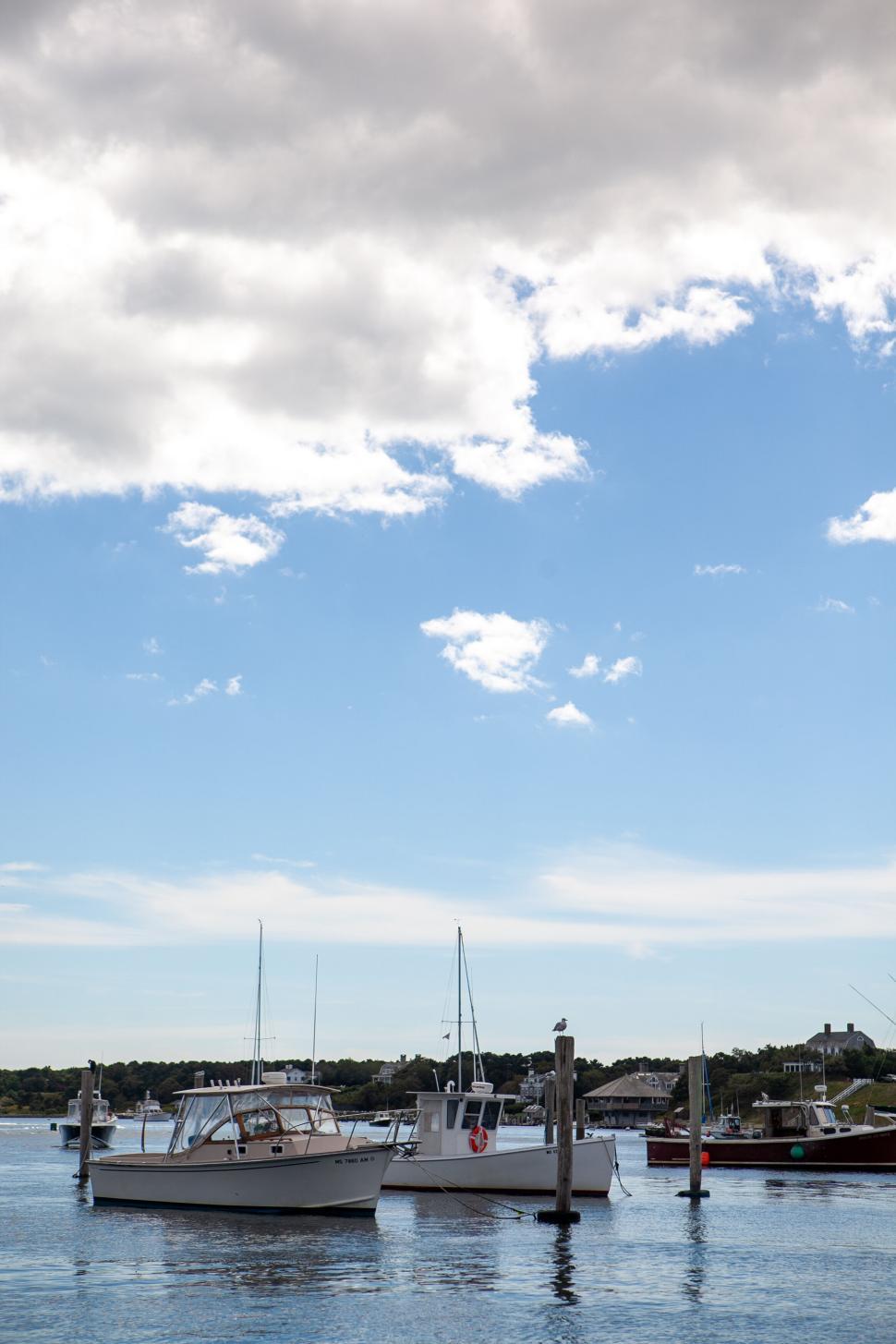 Free Image of Boats docked in a calm harbor under a partly cloudy sky. 
