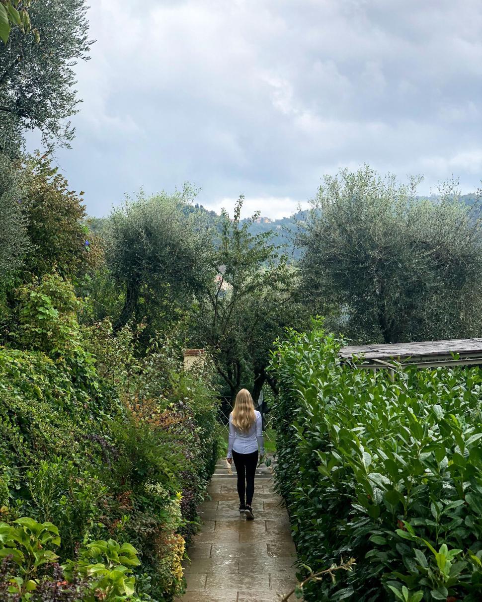 Free Image of Person walking in lush green garden pathway on cloudy day 