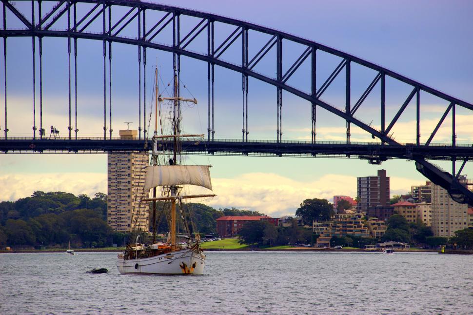 Free Image of Sailing ship passes under iconic bridge in urban harbor 