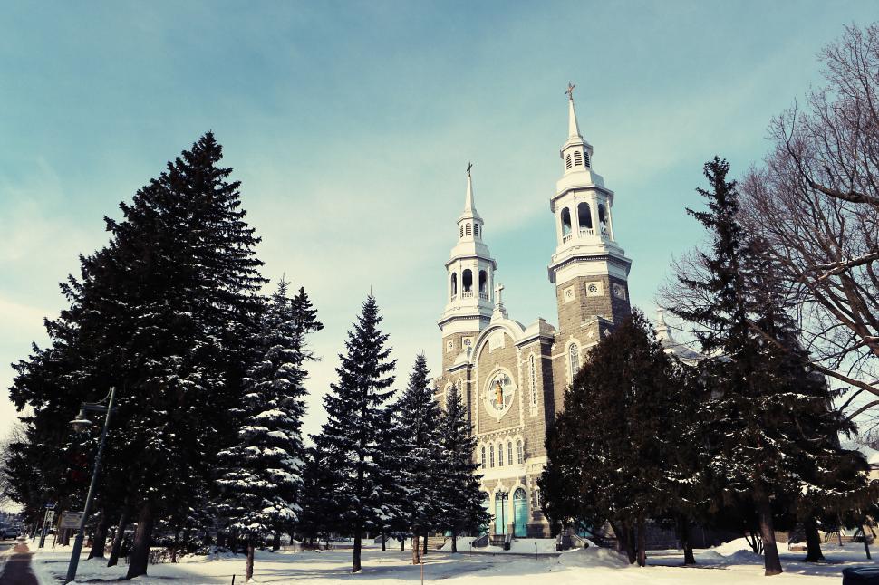 Free Image of Winter view of a historic church surrounded by trees 