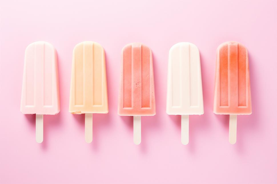 Free Image of Colorful frozen treats arranged in a line on a pink background 