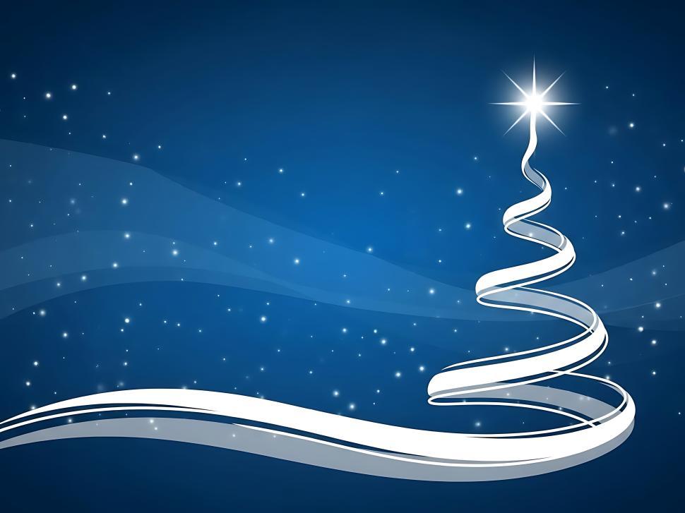 Free Image of Elegant Blue Christmas Background with White Ribbon Tree and Bright Star Abstract Christmas Tree Design with Star on Dark Blue Background for Holiday Greetings 