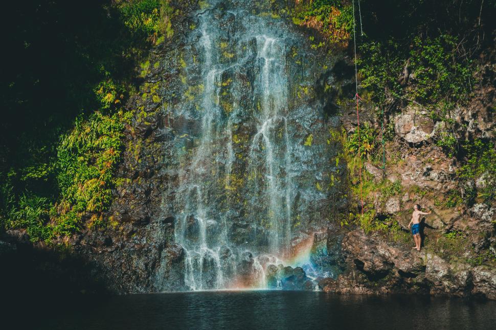 Free Image of Waterfall viewed from the calm lake during midday light 