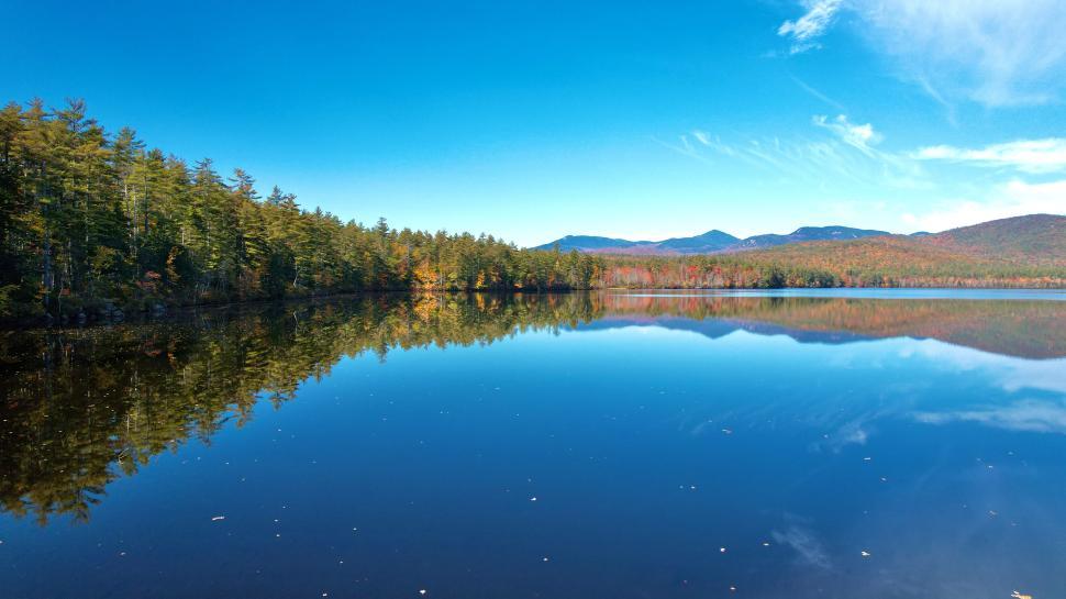 Free Image of Reflections of autumn leaves on a calm lake in the mountains 