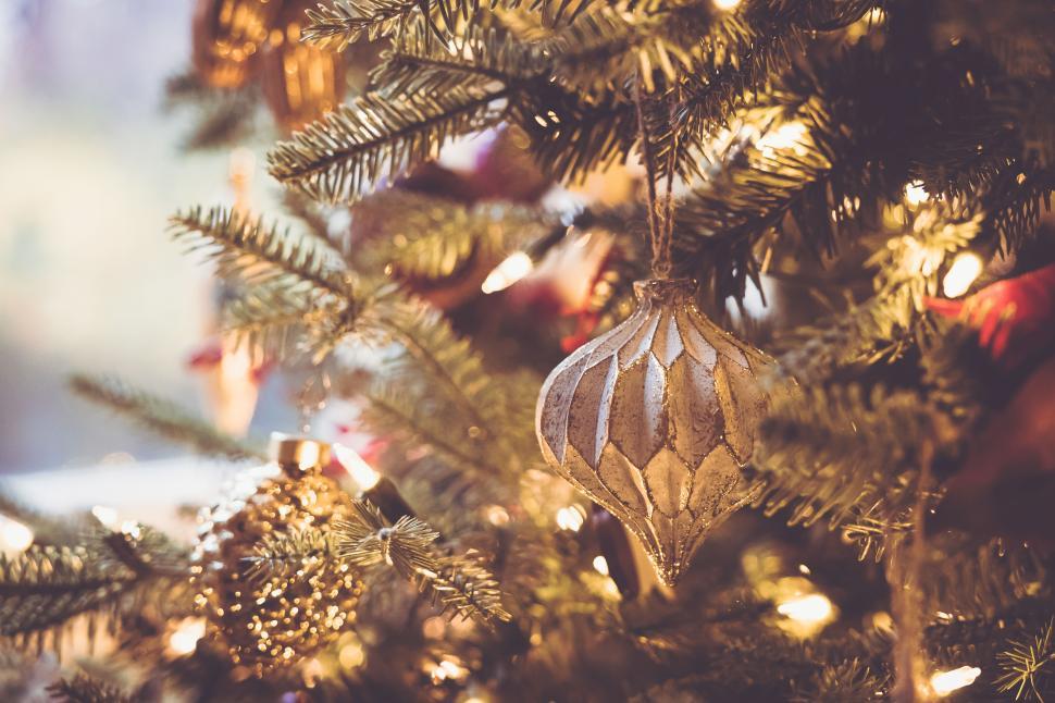 Free Image of Beautifully decorated Christmas tree adorned with elegant ornaments and lights 