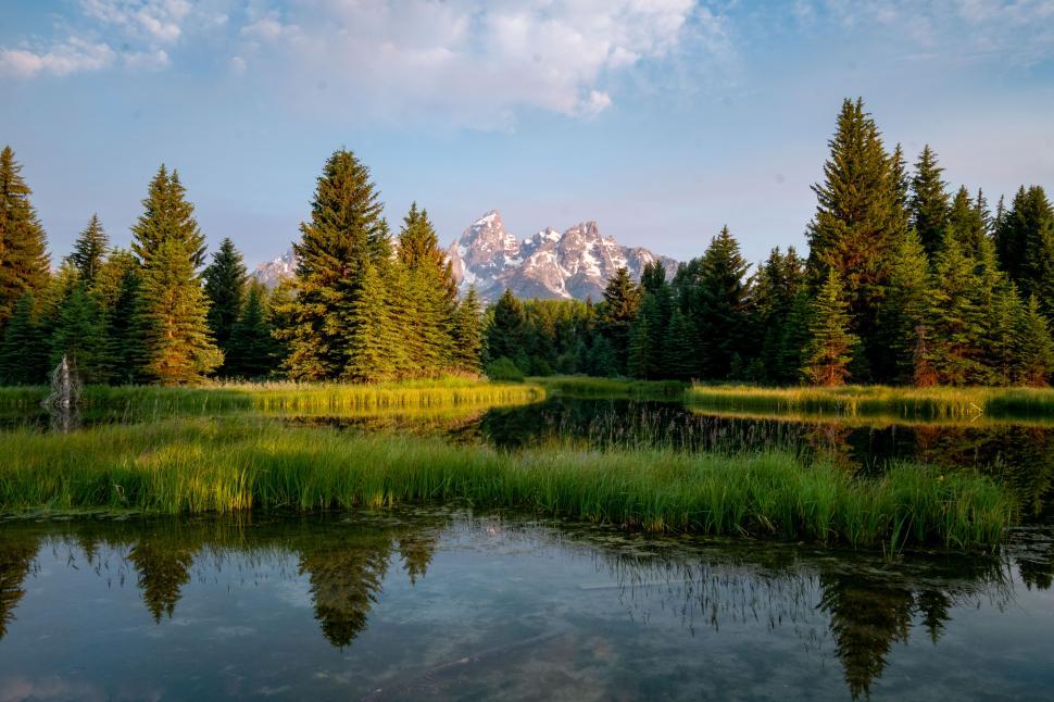 Free Image of Majestic mountains reflect in a serene lake surrounded by lush greenery 