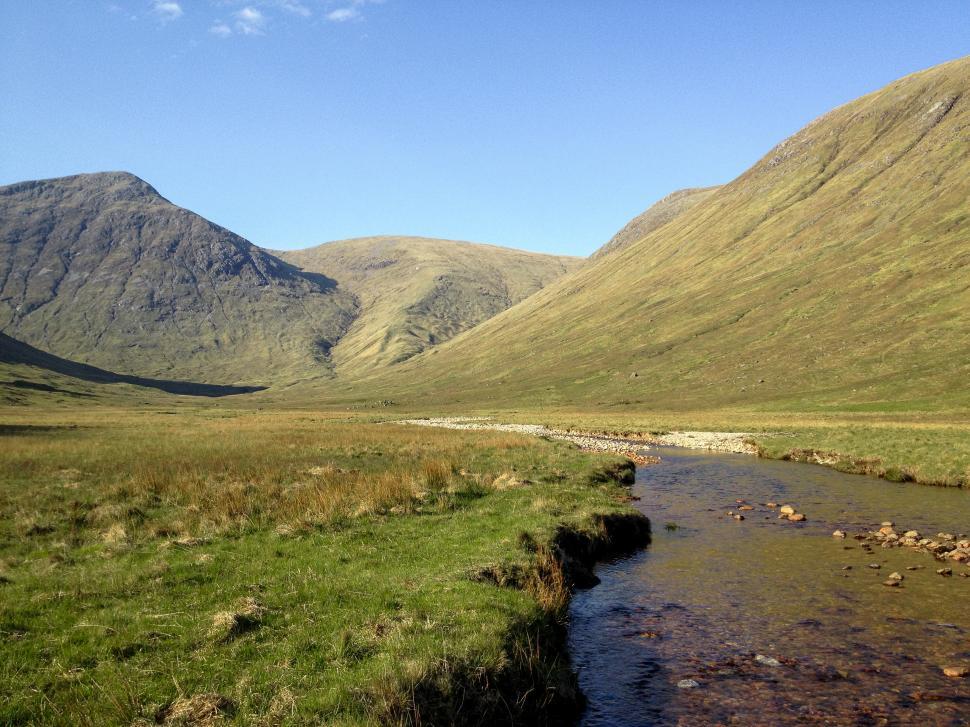 Free Image of Scenic valley with flowing river surrounded by mountains 