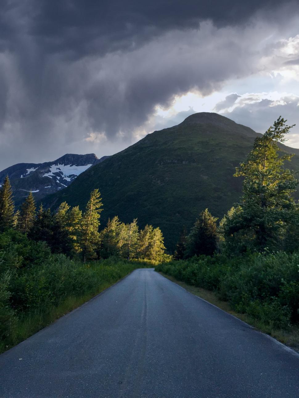 Free Image of Road leading through lush forest with mountains in background 
