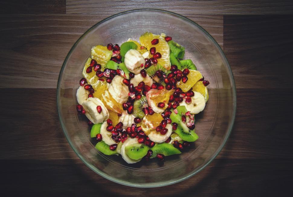 Free Image of Colorful fruit salad served in a glass bowl 
