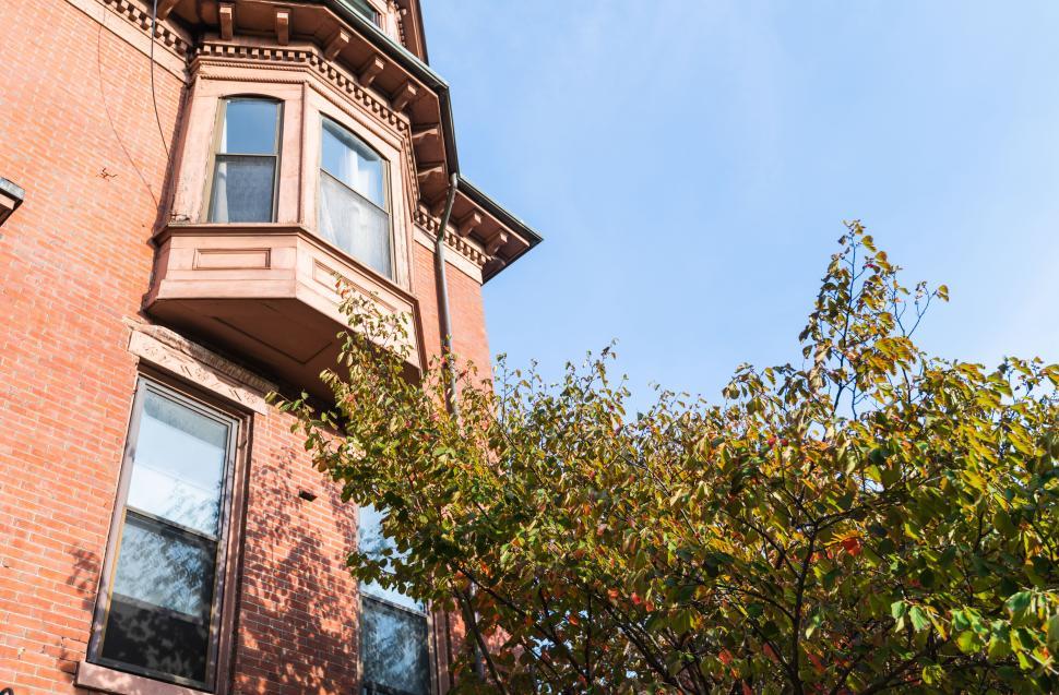 Free Image of Beautiful brick building with balcony and autumn leaves in sunlight 