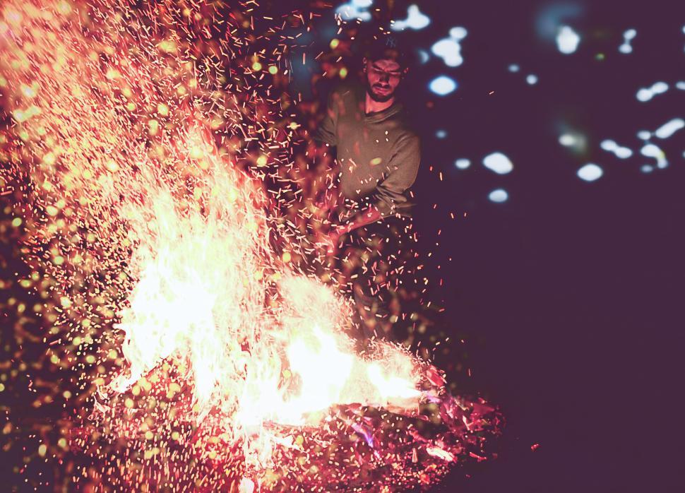 Free Image of Outdoor bonfire with sparks flying during a cozy gathering at night 