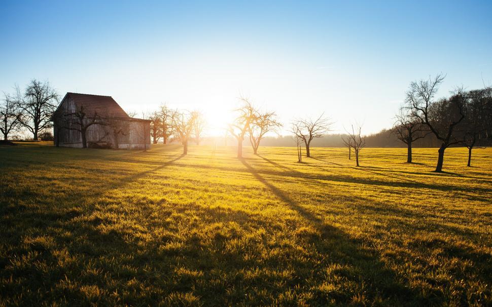 Free Image of Golden sunset illuminating a quiet countryside landscape 