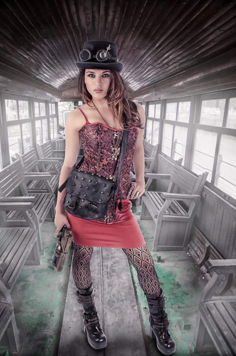 Free Image of Dressed up girl on old train 
