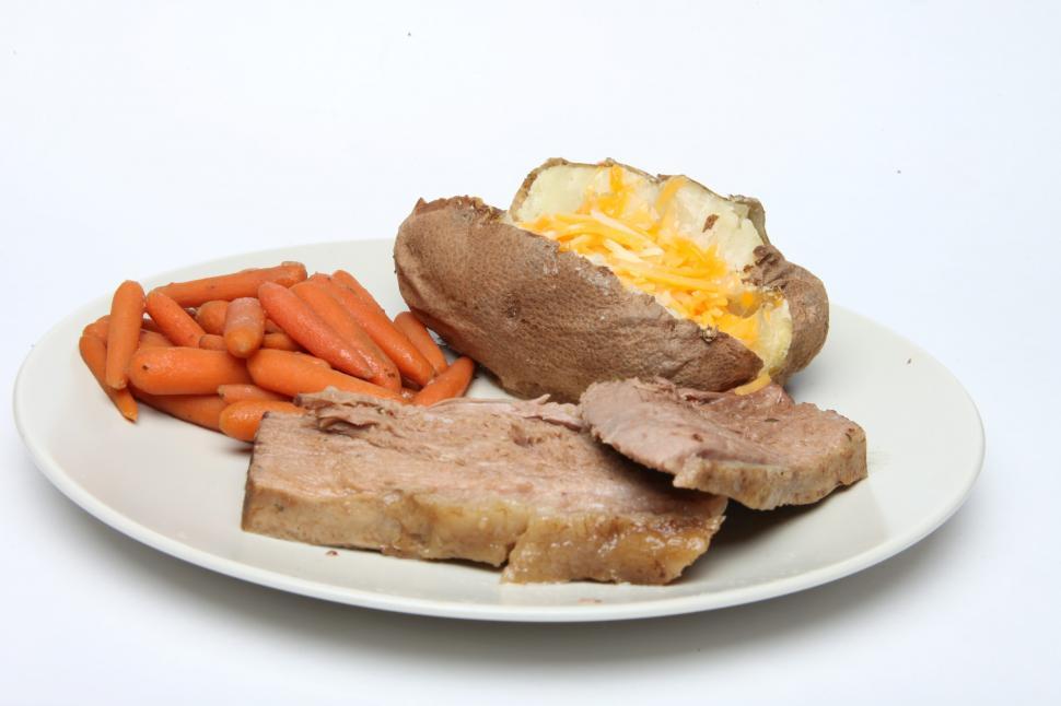 Free Image of Pot Roast, Carrots and Baked Potato 